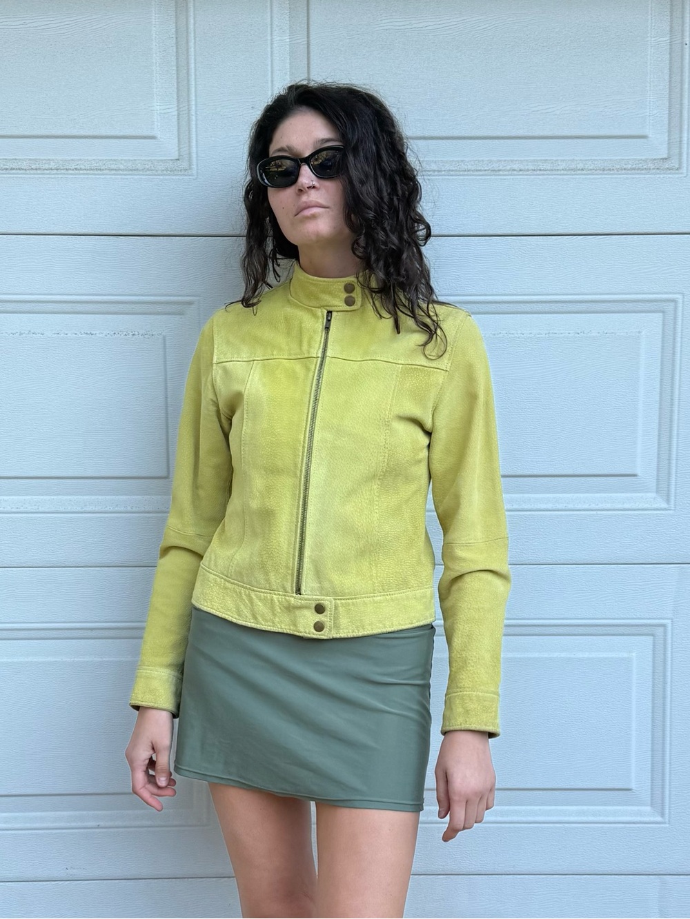 Yellow 90s Y2K  Suede Cafe Racer leather Jacket Zip-Front Gently Distressed